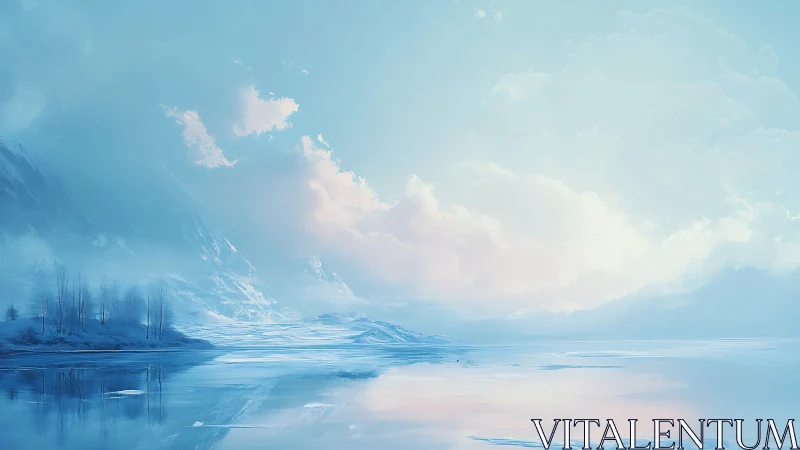 Frozen lake landscape under soft blue and pink sky.