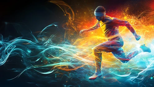 Runner silhouette amid blue and orange energy streams.