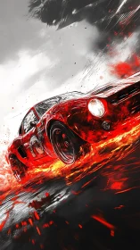 Red sports car moves through stylized fire and liquid surface.