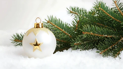 White Christmas bauble with gold star beside fir sprig.