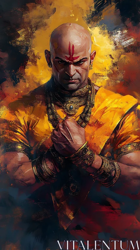 Fierce monk-warrior blazing in molten saffron and gold.