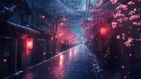 Cherry blossom alley glows with red lanterns on rainy night