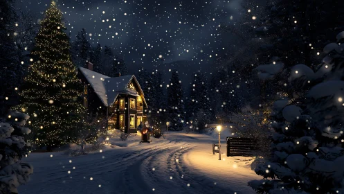 Snowy night cabin with illuminated tree rendered in digital realism