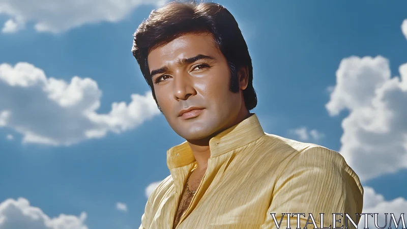 Portrait of confident man under bright blue sky backdrop.