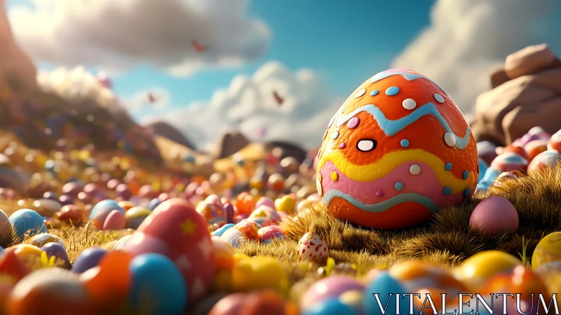 3D Easter landscape with oversized decorative candy egg focus.