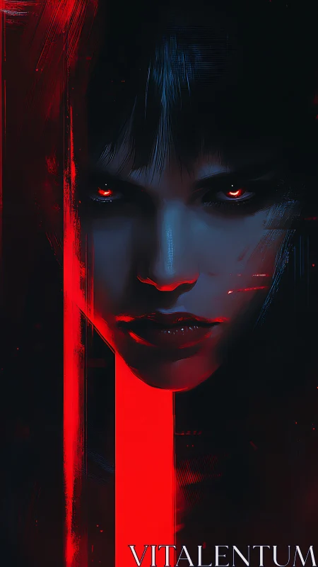 Dark cybernetic portrait with intense red neon gaze.