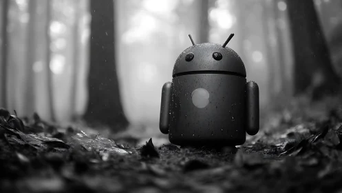 Android-style robot stands on wet forest floor in rain