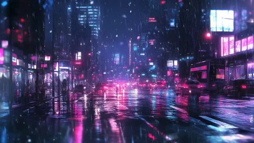 Neon soaked city street glowing through the quiet rain.