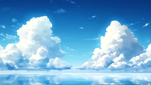 Sunlit cloud towers drifting above a glassy sea.