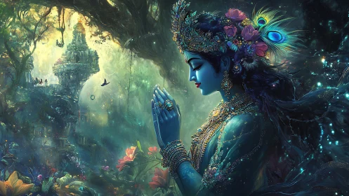Divine blue goddess in jeweled prayer within mystic forest.