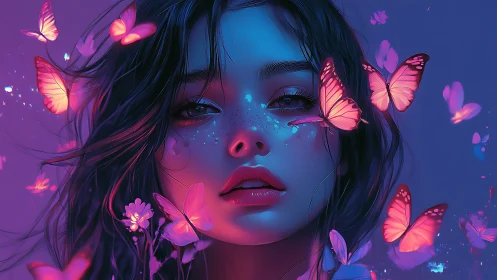 Soft midnight dream girl surrounded by glowing pink butterflies