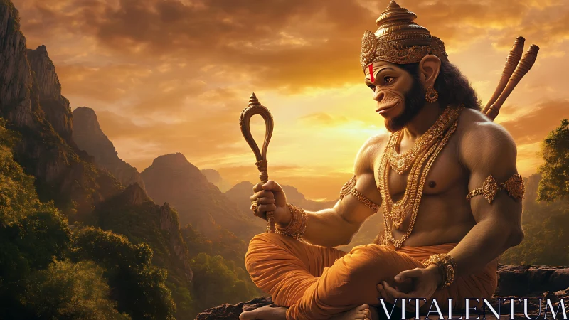 Hanuman figure in golden armor seated at sunset in hills.