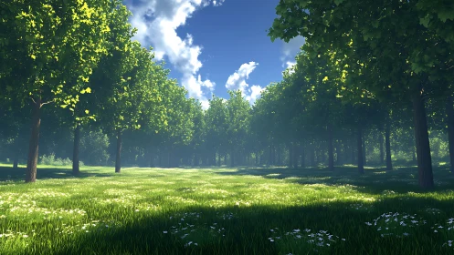 Sunlit grove breathing quietly beneath a cloud-drifted sky.