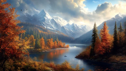 Crimson trees whisper toward snowlit giants across the lake