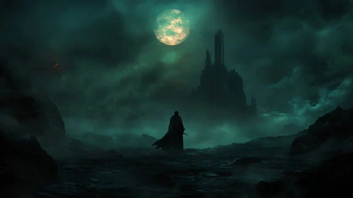 Lone warrior approaches cursed citadel under toxic moon
