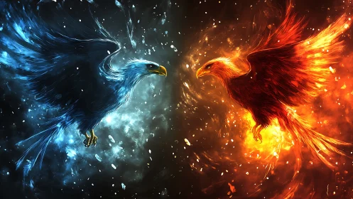 Majestic Blue and Red Phoenixes in Fiery and Icy Fantasy Art.