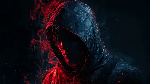 Hooded digital figure is rendered with red rim lighting