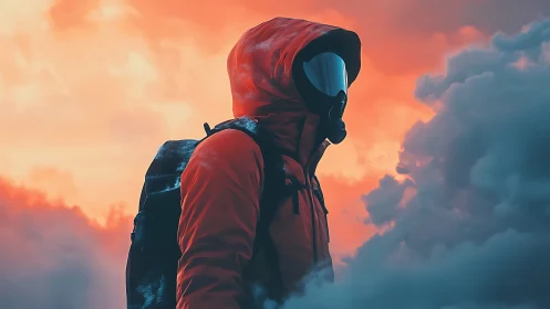 Hooded explorer in gas mask against burning storm sky.