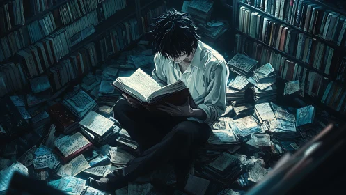 Solitary reader surrounded by scattered books on floor.