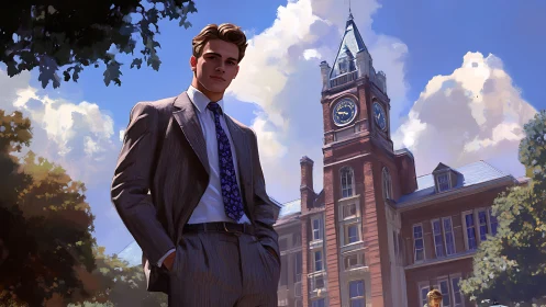 Young professional in tailored suit before campus clocktower.