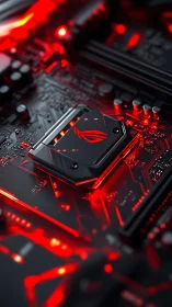 High-contrast gaming motherboard close-up with red LED circuitry