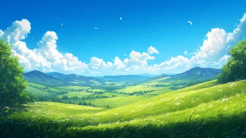 Wide green valley landscape under clear blue midday sky.