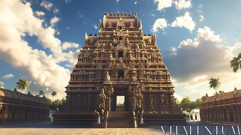 Intricate Hindu temple gopuram rendered in warm sunset light