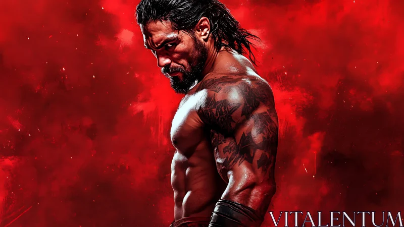 Fierce warrior pose against a blazing red storm backdrop.