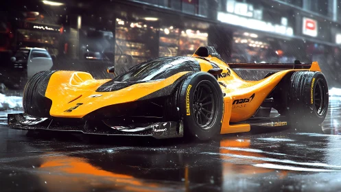 Sleek orange race car glowing on a rain soaked city street.