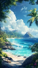 Tropical coastal landscape with mountainous islands and turquoise water.