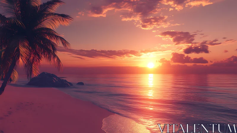 Sunset over calm ocean with palm-fringed sandy shoreline.