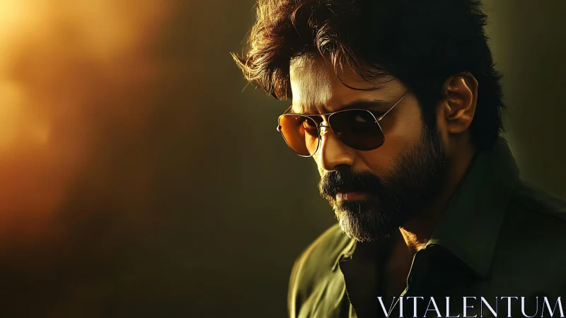 Photorealistic cinematic portrait in warm rim lighting profile.