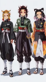 Anime trio in coordinated haori uniforms rendered in crisp cel-shade