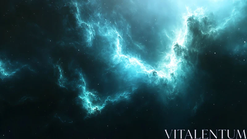 Electric teal nebula cloudscape across deep black space.