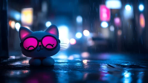 Neon-lit chibi cat figurine with bokeh city rain reflections at night