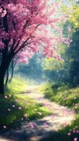 Springtime cherry blossom path under diffuse backlit canopy.