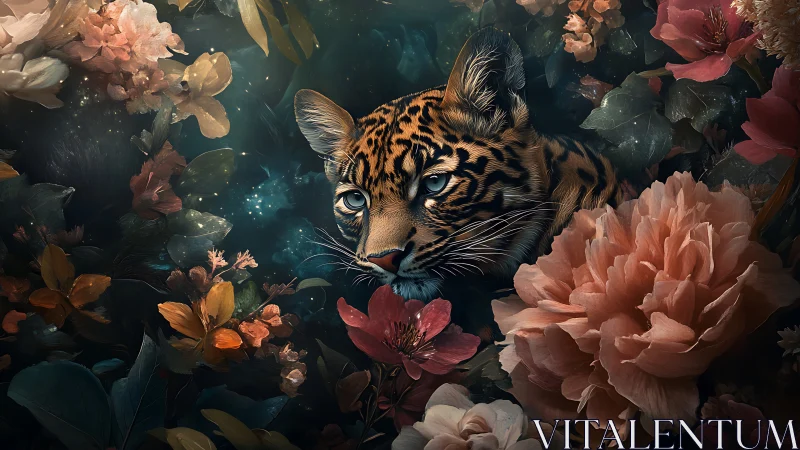 Leopard gaze emerging from lush nocturnal florals.
