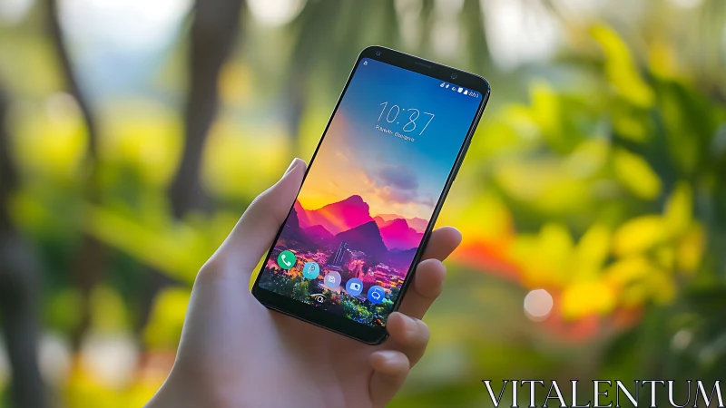 Modern Smartphone Displays Colorful Sunset Wallpaper.