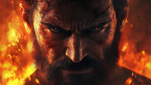 Scorched warrior glare amid erupting inferno of rage.