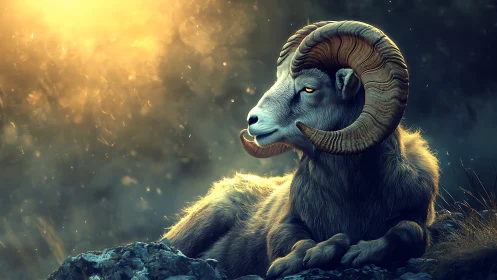 Digital ram portrait under cinematic backlit mountain haze.