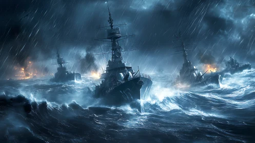 Warships advance through storm-torn seas under artillery fire