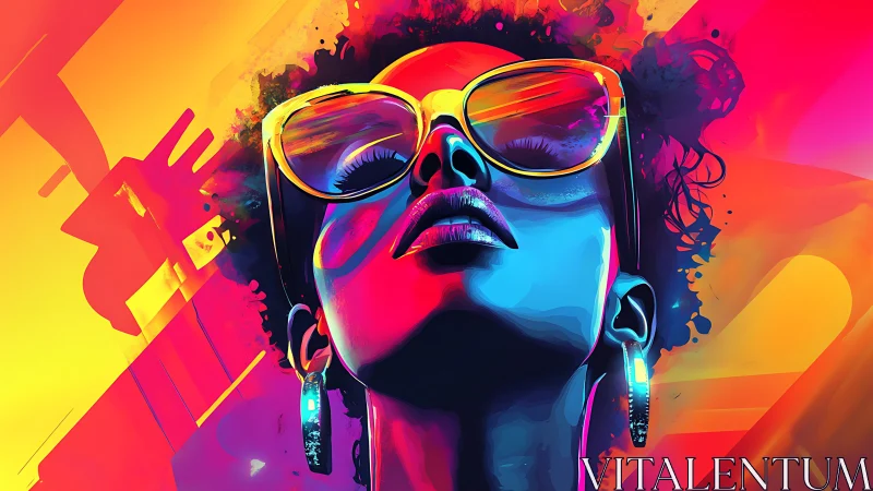 Neon-lit portrait of afro hairstyle woman with reflective glasses