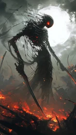 Volcanic wraith silhouette under backlit lunar inferno.