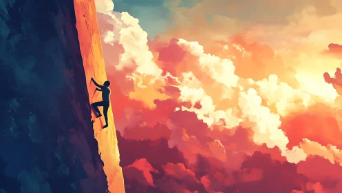 Sunset cliff climber reaching toward painted clouds.