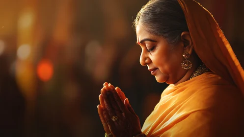 Elderly Indian Woman Praying in Warm Traditional Portrait Style.