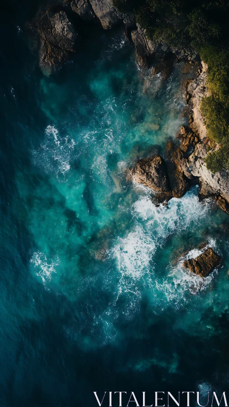 Aerial coastal surf study with rugged rock shoreline framing.