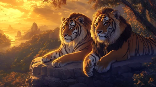 Two tigers with manes resting on stone platform at sunset
