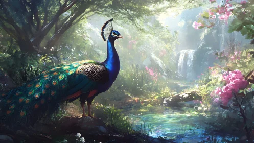 Iridescent peafowl in high-saturation forest waterfall habitat.