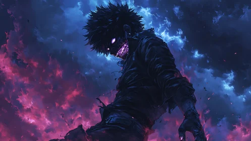 Dark humanoid figure with glowing mouth amid colored clouds.