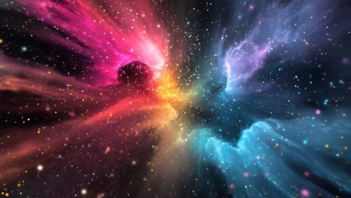 Stellar nebula explosion with prismatic cosmic light field.